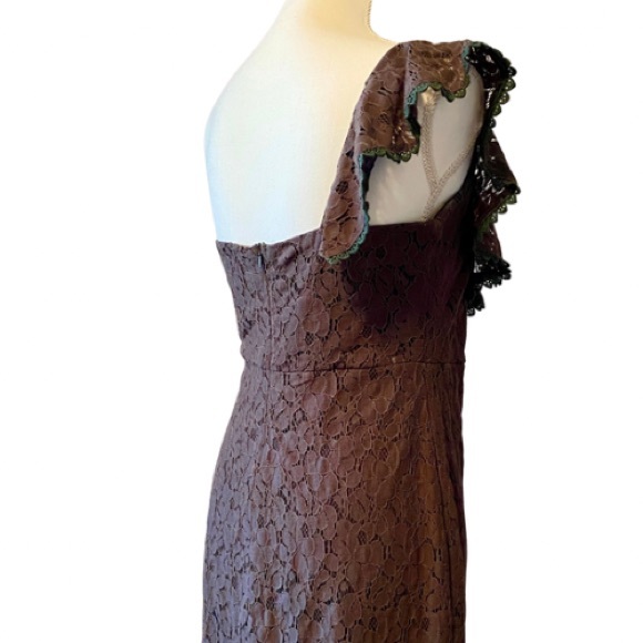 Brown Lace Ruffled One-Shoulder Sheath Dress w/ Green Trim by 5th Culture (L) - Picture 12 of 14
